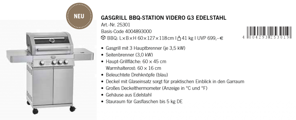 Gasgrill Station Videro G3 Edelstahl